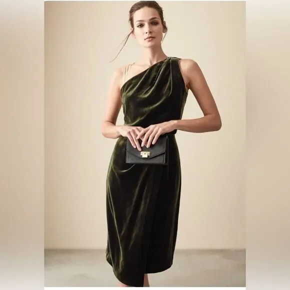 Reiss EDEN Green Velvet One Shoulder Evening Cocktail Midi Dress Size 8 - Picture 1 of 14